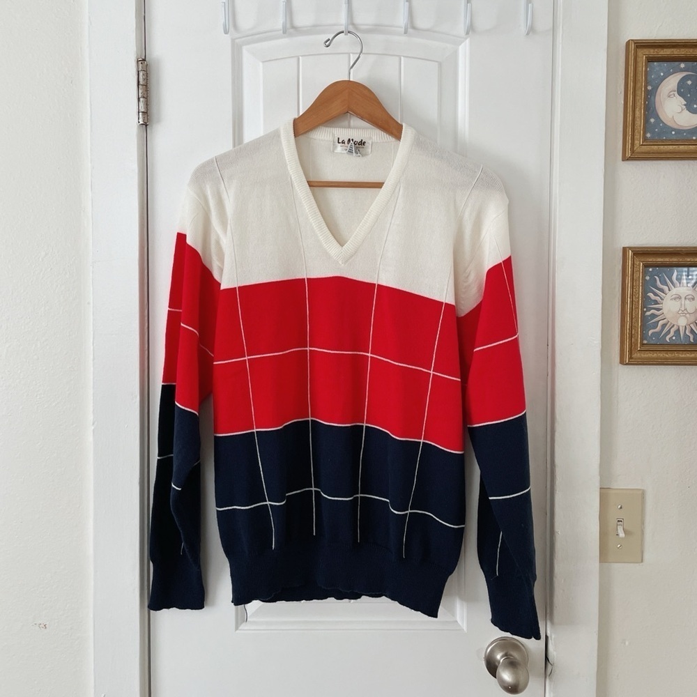 Men's M 70s Vintage LaMode Red White & Blue V-Neck EUC Preppy